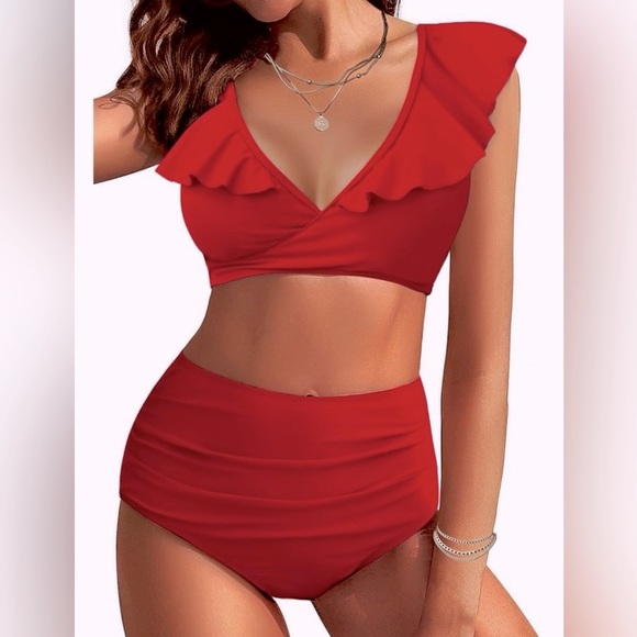 Al'MAGE Women High Waisted 2 piece Bikini, Tummy Control, Dark Red Size M - Picture 2 of 11